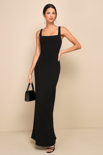 Timeless Poise Black Rhinestone Square Neck Backless Maxi Dress 2