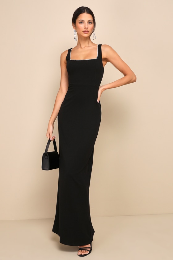 Timeless Poise Black Rhinestone Square Neck Backless Maxi Dress 2
