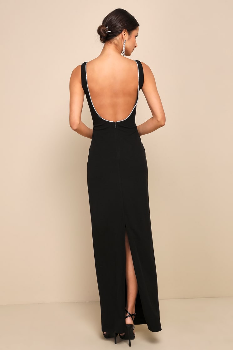 Timeless Poise Black Rhinestone Square Neck Backless Maxi Dress