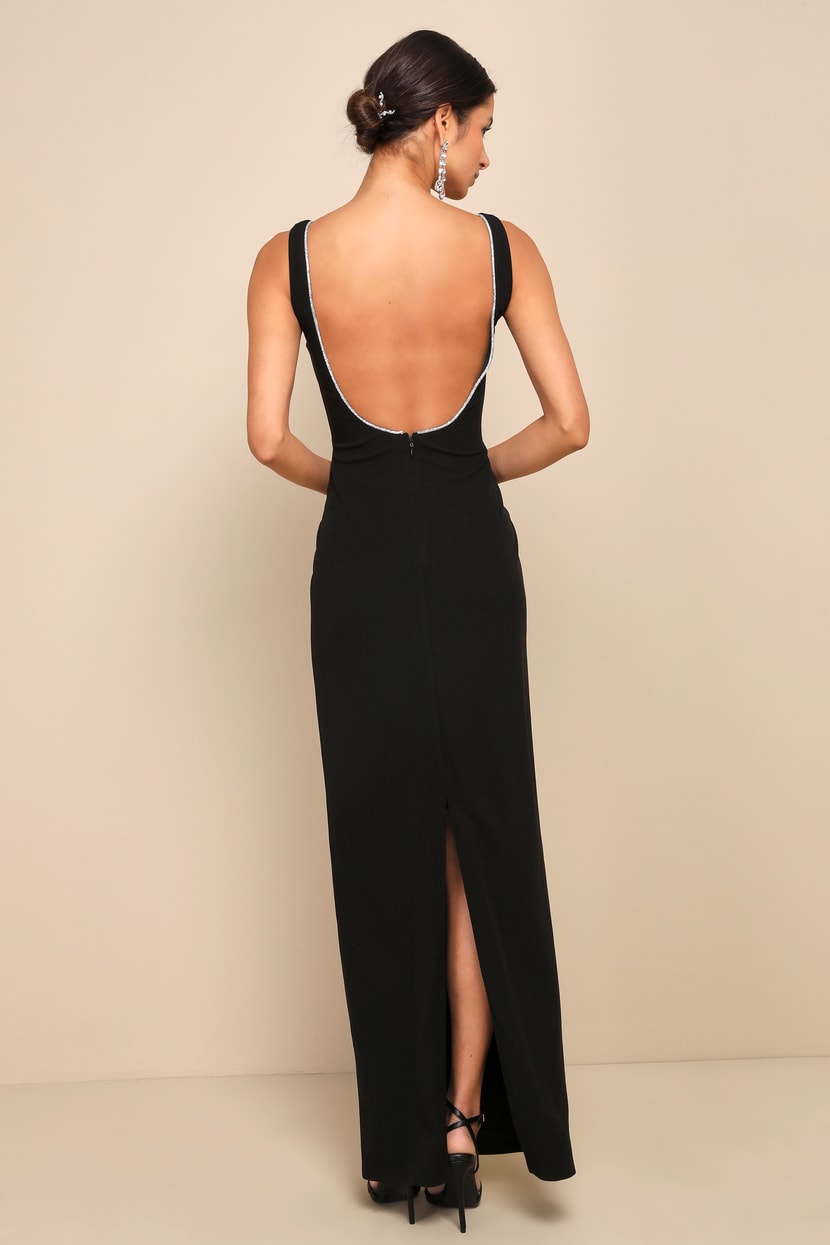 Black Maxi Dress - Rhinestone-Trimmed Dress - Backless Dress