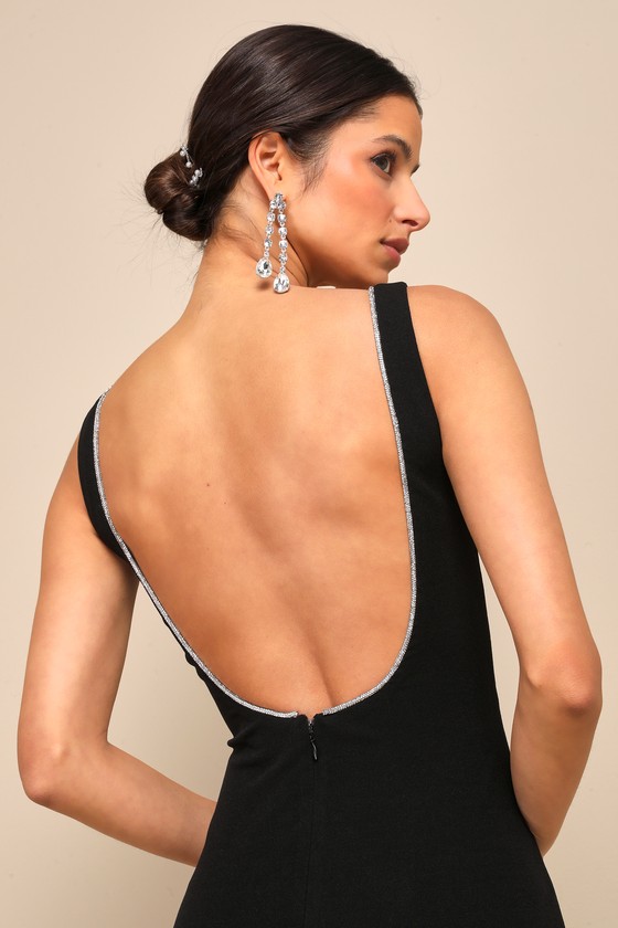 Timeless Poise Black Rhinestone Square Neck Backless Maxi Dress