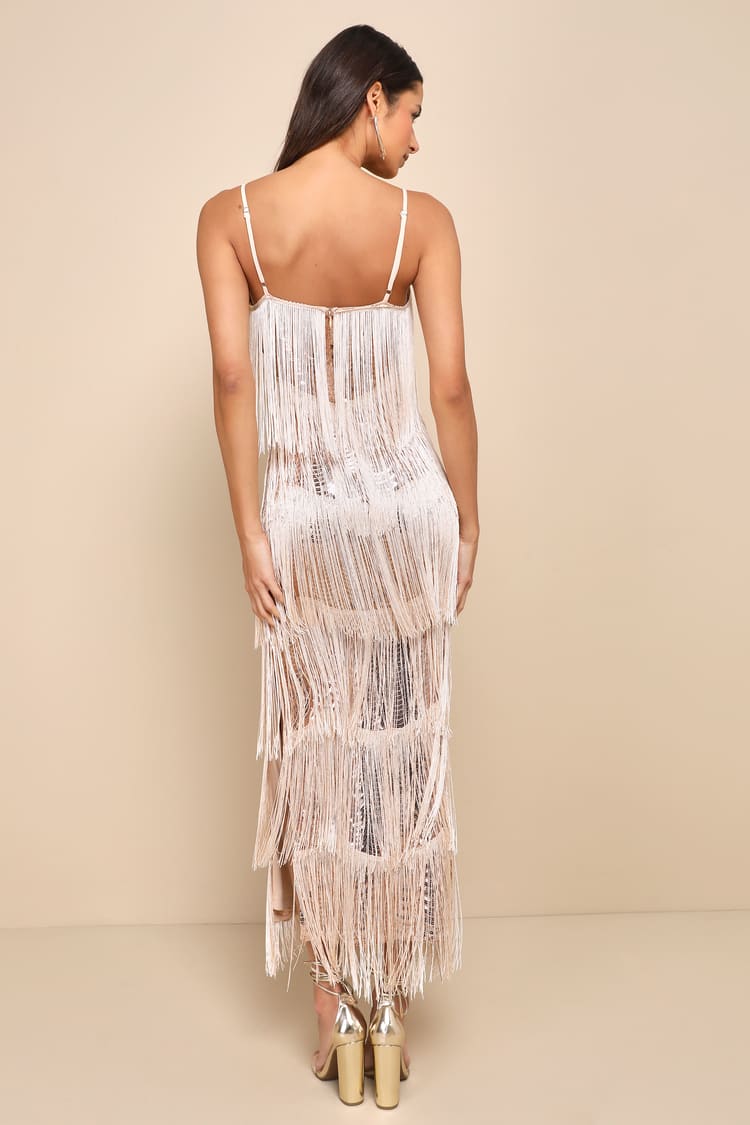 Get in the Groove Champagne Sequin Fringe Bodycon Maxi Dress