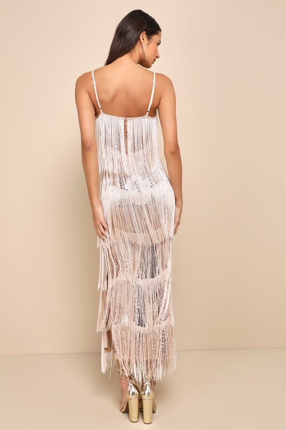 Get in the Groove Champagne Sequin Fringe Bodycon Maxi Dress 2