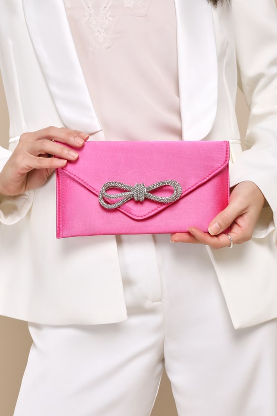 Fuchsia Satin Clutch - Rhinestone Bow Clutch - Envelope Clutch - Lulus