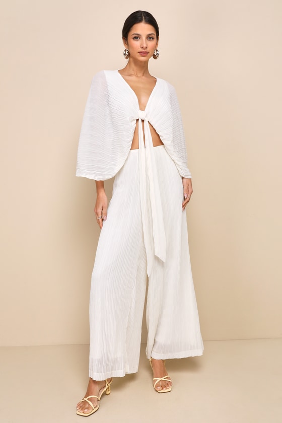 Shop Lulus Pristine Presence Ivory Plisse High-waisted Wide-leg Pants