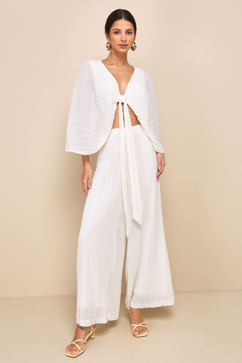 Pristine Presence Ivory Plisse High-Waisted Wide-Leg Pants