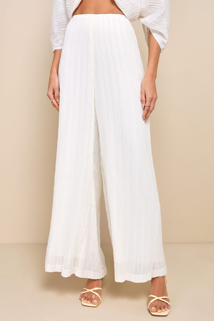 Pristine Presence Ivory Plisse High-Waisted Wide-Leg Pants