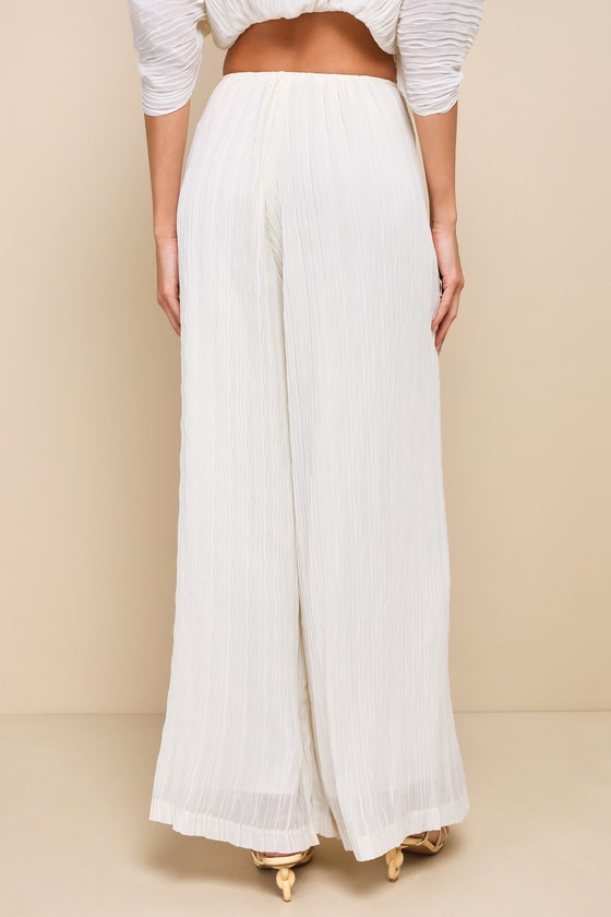 Lulus Pristine Presence Ivory Plisse High-waisted Wide-leg Pants In Ivory