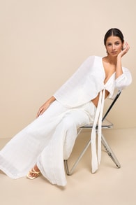 Pristine Presence Ivory Plisse High-Waisted Wide-Leg Pants