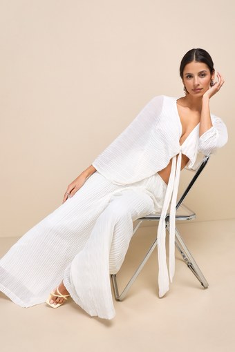 Pristine Presence Ivory Plisse High-Waisted Wide-Leg Pants 7
