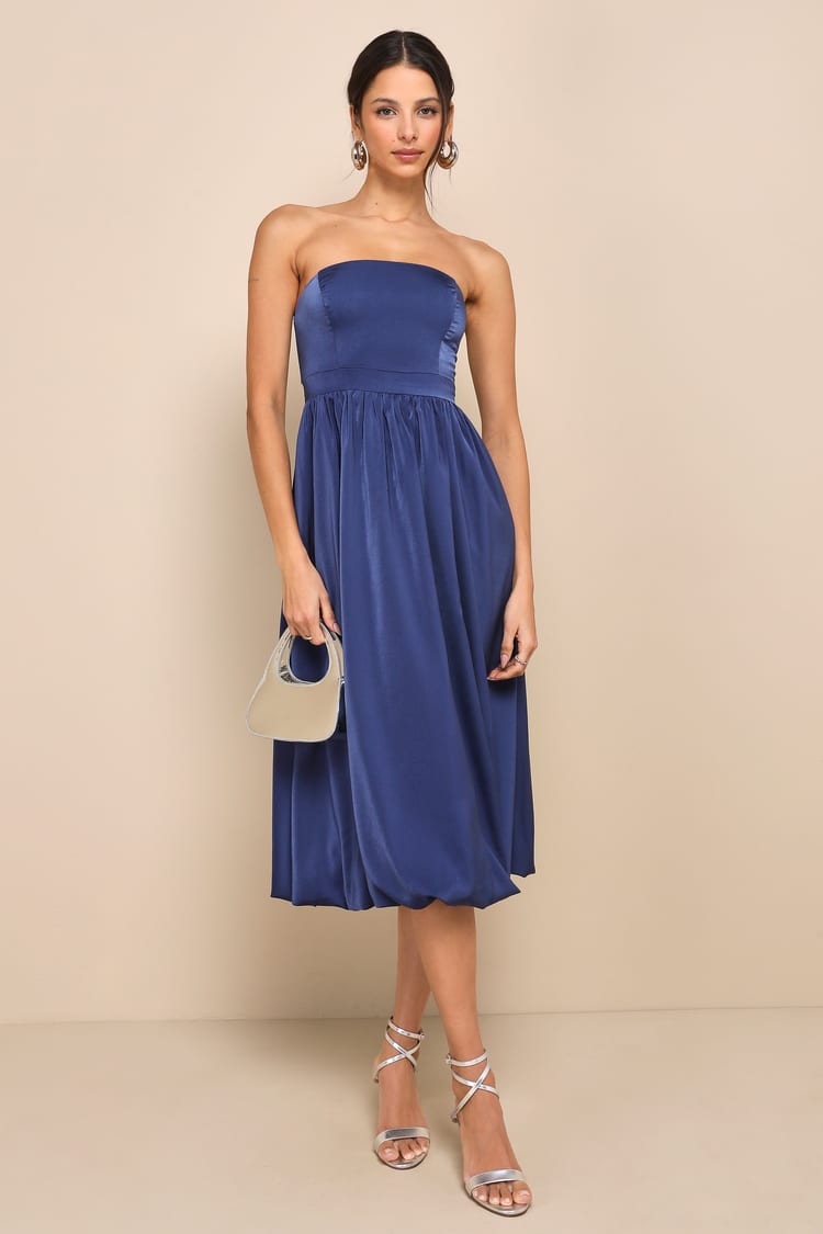 knee length dresses for ladies Navy Strapless Puffy Midi Tulle Dress main image 1