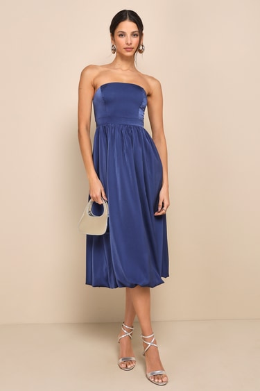 Lavish Elegance Navy Blue Satin Strapless Bubble-Hem Midi Dress