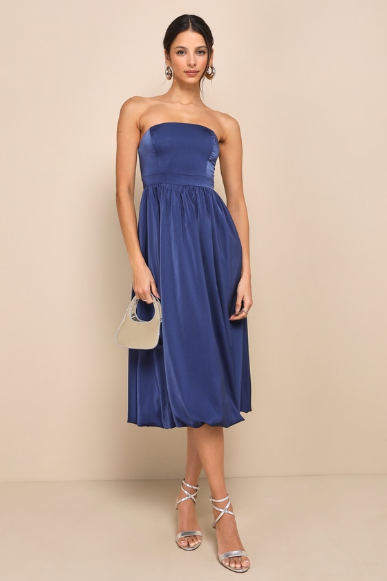 Lavish Elegance Navy Blue Satin Strapless Bubble-Hem Midi Dress 1