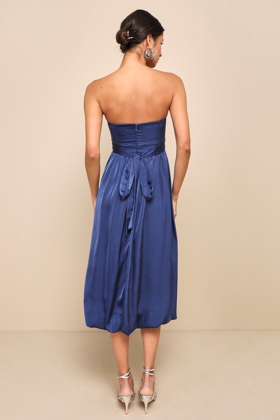 Lavish Elegance Navy Blue Satin Strapless Bubble-Hem Midi Dress 3