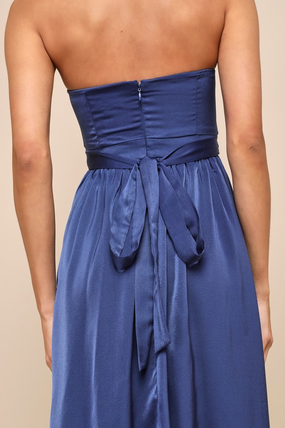 Shop Lulus Lavish Elegance Navy Blue Satin Strapless Bubble-hem Midi Dress