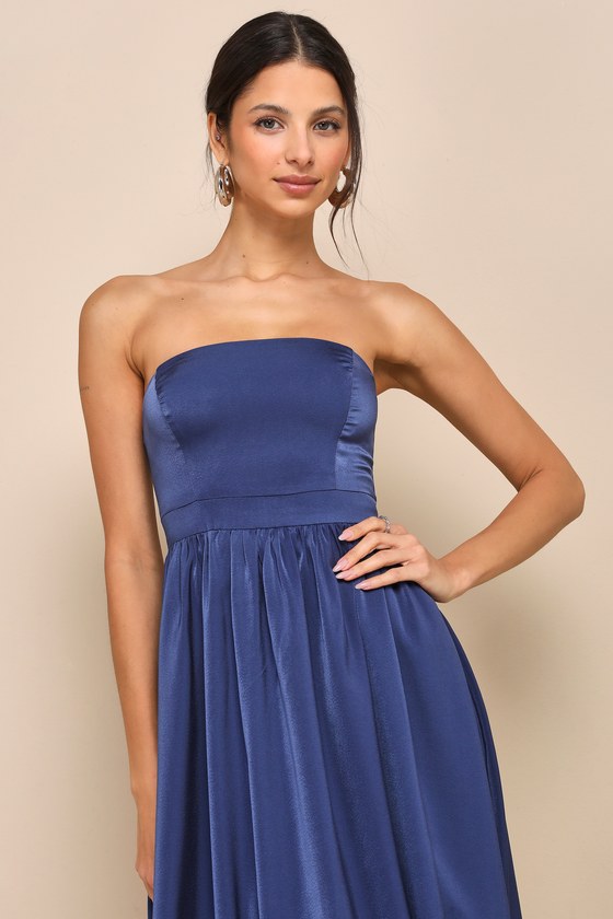 Shop Lulus Lavish Elegance Navy Blue Satin Strapless Bubble-hem Midi Dress