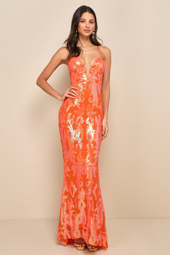 Glittering Sensation Orange Iridescent Sequin Lace-Up Maxi Dress 3
