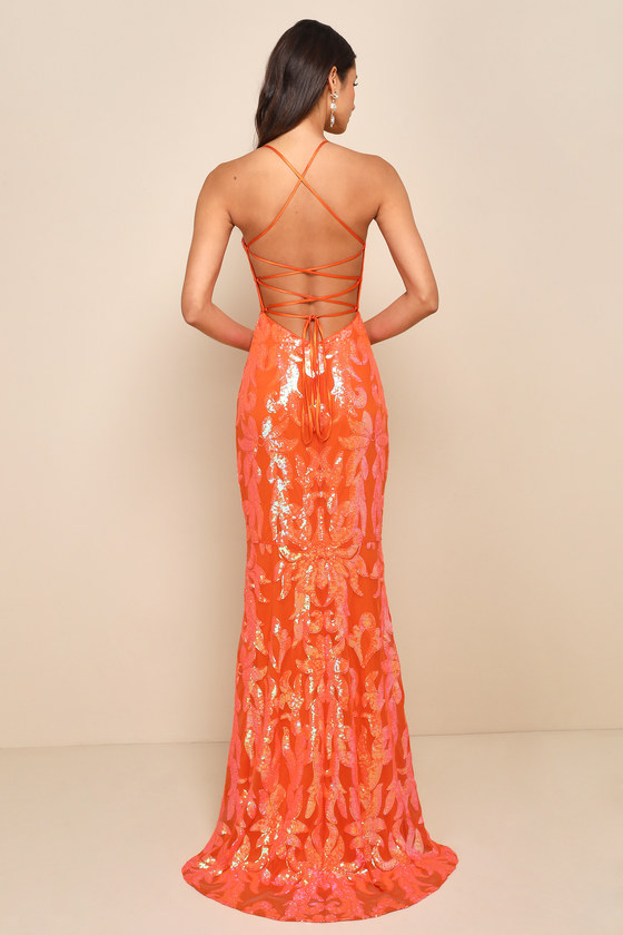 Glittering Sensation Orange Iridescent Sequin Lace-Up Maxi Dress 4