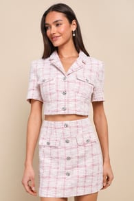 Posh Influence Pink and White Tweed Rhinestone Button-Front Top