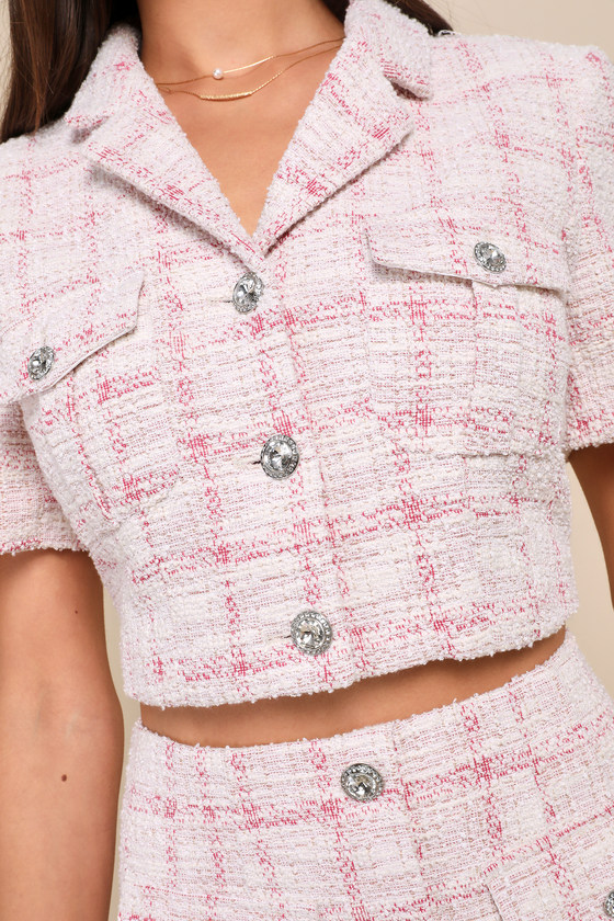 Lulus Posh Influence Pink And White Tweed Rhinestone Button-front Top In Pink And White