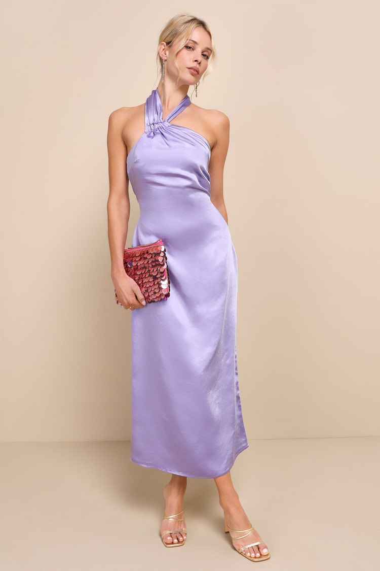 strapless open back dress Rhea Purple Satin Strapless Maxi Dress - US 14