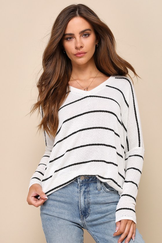 Ivory Striped Top - Oversized V-Neck Top - Long Sleeve Knit Top - Lulus