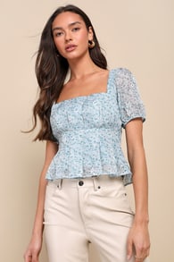 Dainty Effect Blue Floral Embroidered Pleated Puff Sleeve Top