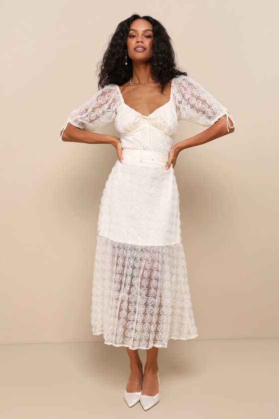 日本人気超絶の Cream Tulle Top - Swiss Dot Top - Rosette Top - Puff Sleeve トップス