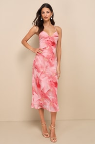 Bright Charm Pink Abstract Print Chiffon Slip Midi Dress