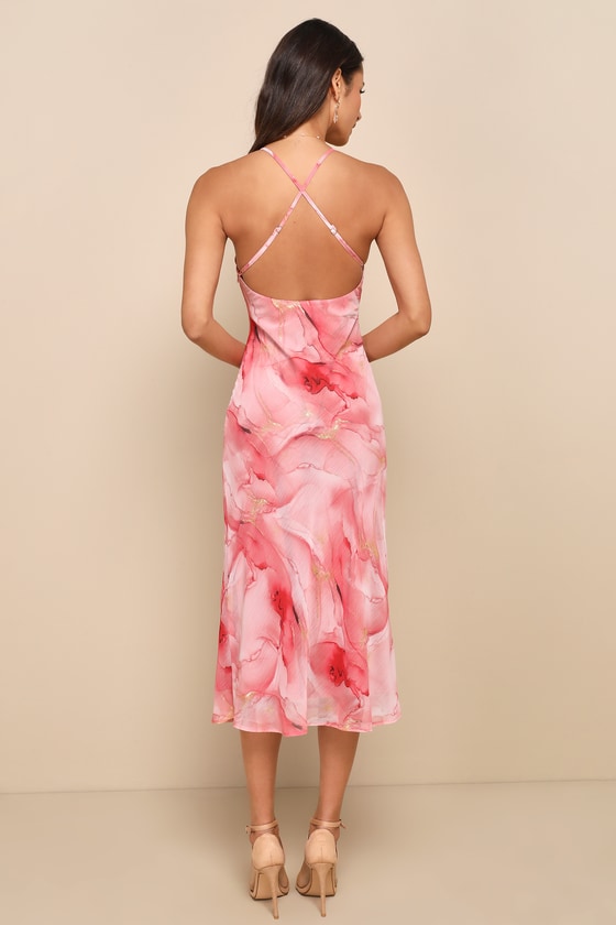 LULUS BRIGHT CHARM PINK ABSTRACT PRINT CHIFFON SLIP MIDI DRESS
