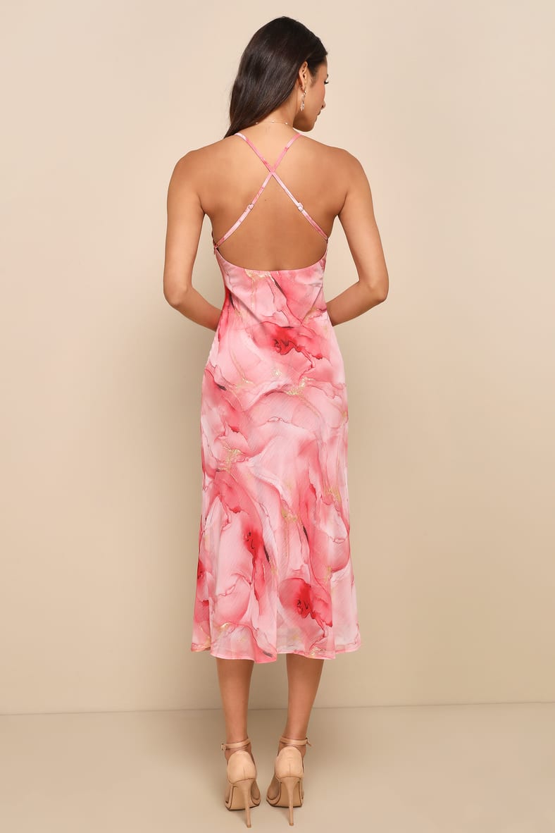 Bright Charm Pink Abstract Print Chiffon Slip Midi Dress
