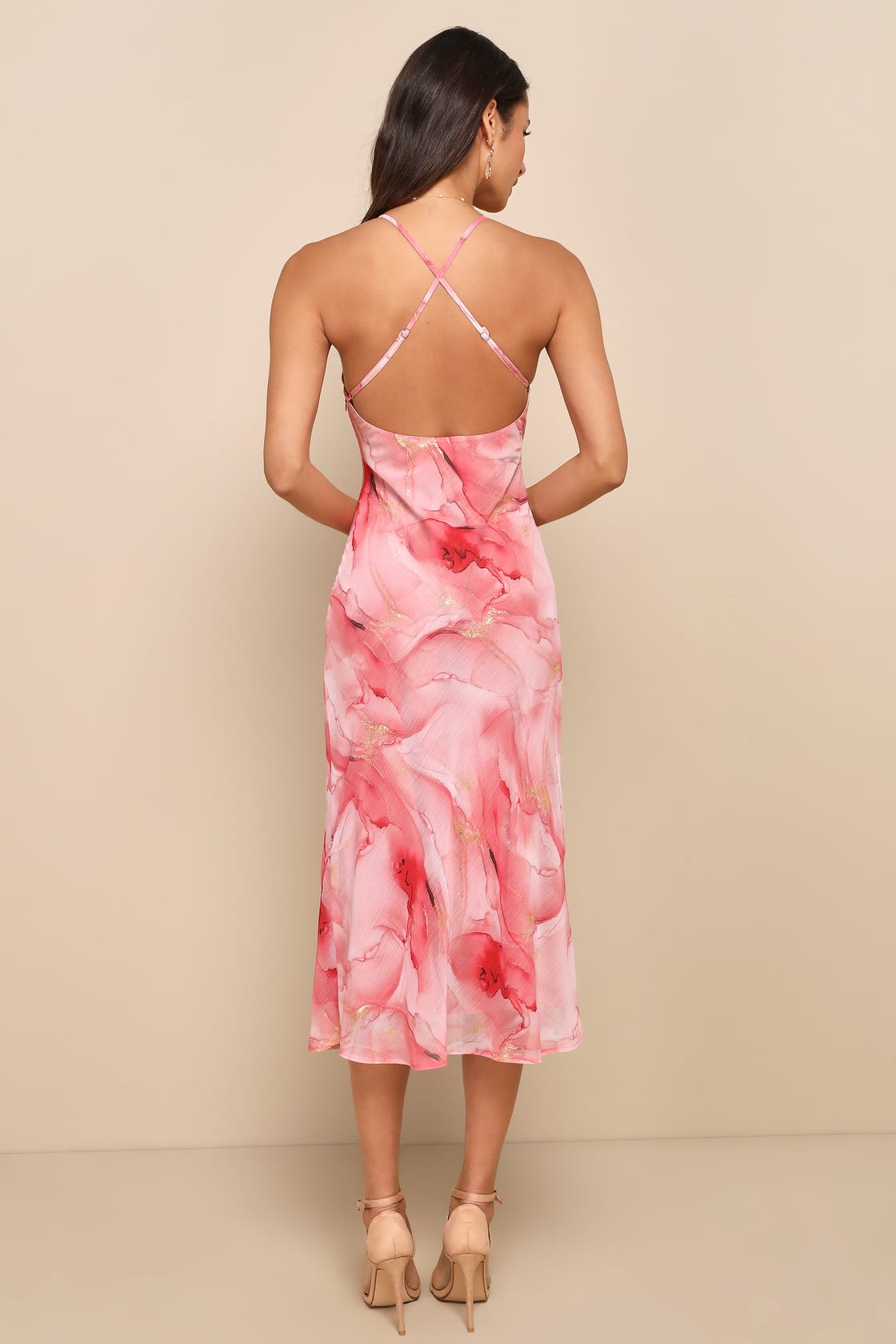 Bright Charm Light Blue Abstract Print Chiffon Slip Midi Dress