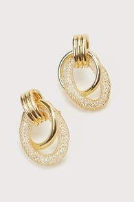 Luxuriously Linked Gold Rhinestone Wire Door Knocker Earrings