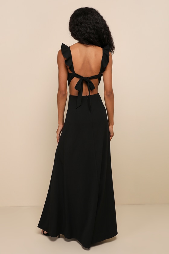 Captivating Charisma Black Ruffled Cutout Tie-Back Maxi Dress 1