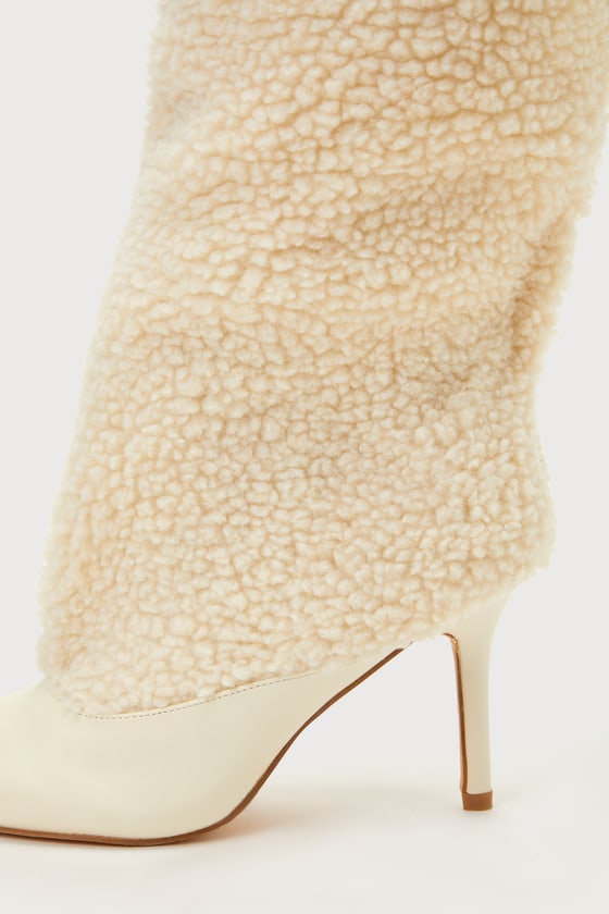 Shop Lulus Yetty Cream Faux Fur Pointed-toe Knee-high Boots In White