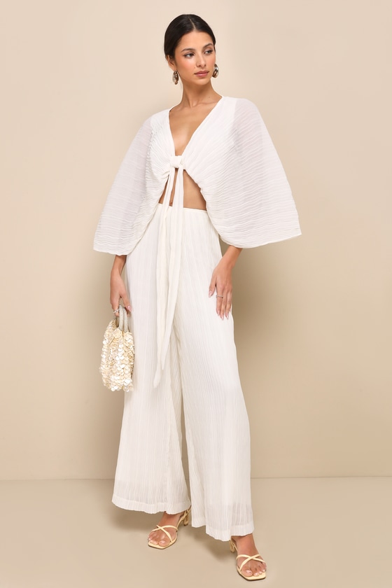 LULUS PRISTINE PRESENCE IVORY PLISSE TIE-FRONT DOLMAN SLEEVE CROP TOP