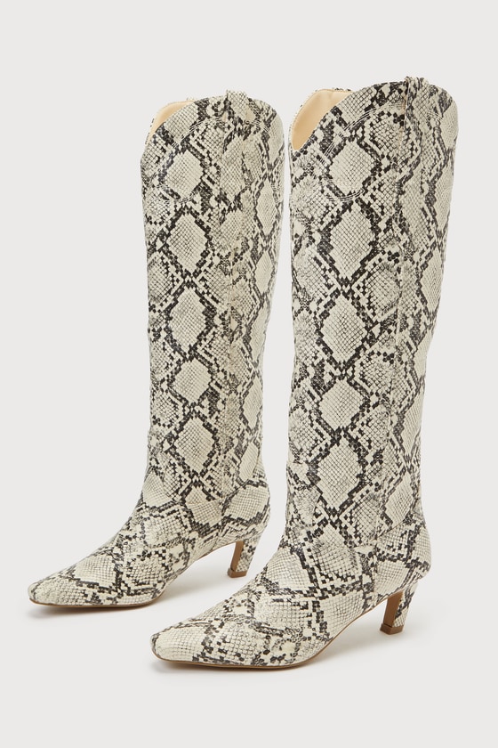 Shop Billini Xanthia Cream Snake Print Knee-high Boots In White