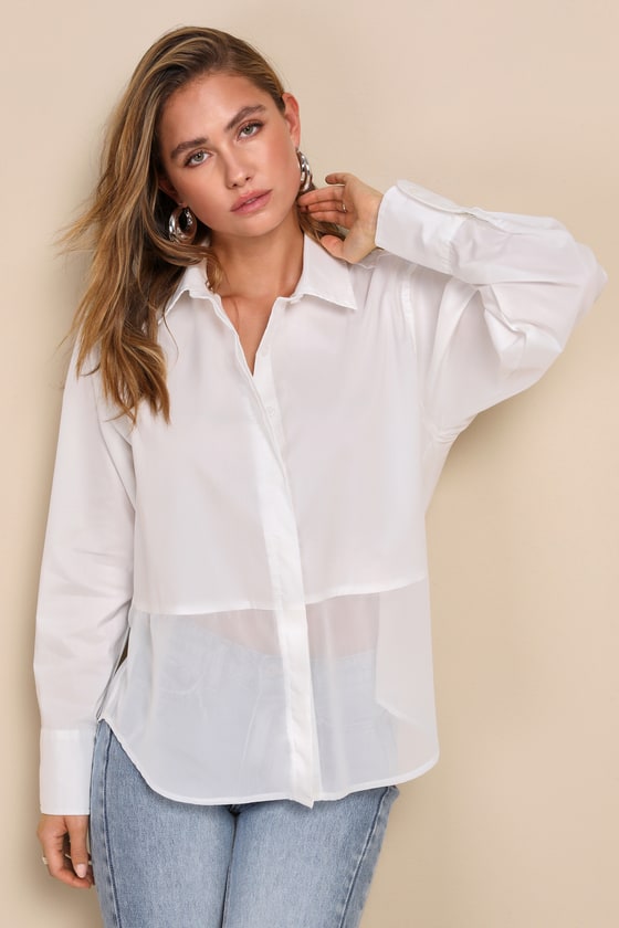 White Sheer Panel Top - Long Sleeve Button-Up Top - Button-Down - Lulus