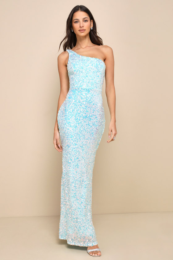 Dazzling Aura Blue Iridescent Sequin Lace-Up One-Shoulder Dress 2