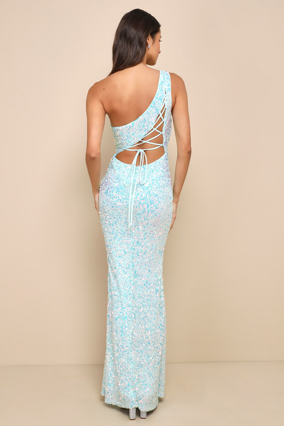Dazzling Aura Blue Iridescent Sequin Lace-Up One-Shoulder Dress 3