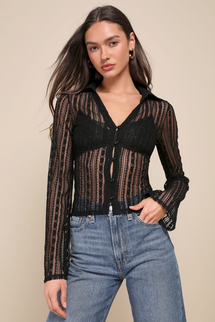 Black Collared Top - Sheer Lace Top - Long Sleeve Button-Up Top