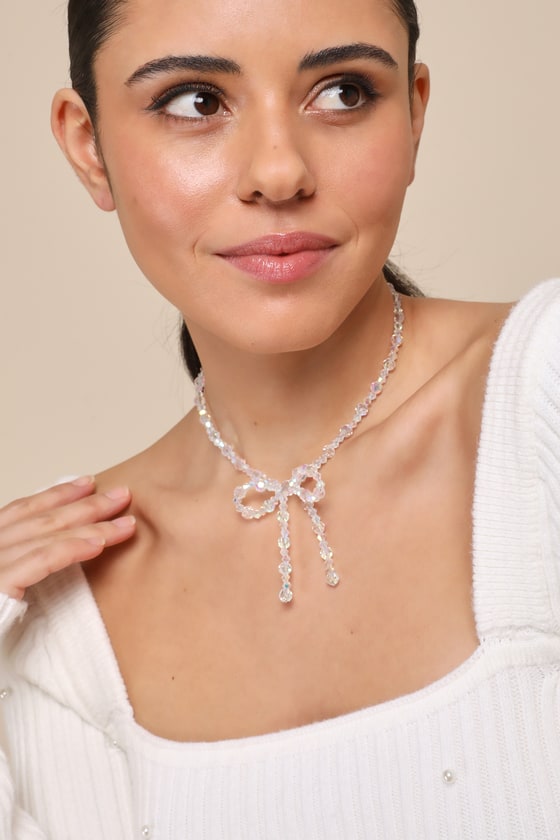 Sweetest Potential Clear Iridescent Beaded Bow Choker Necklace 1
