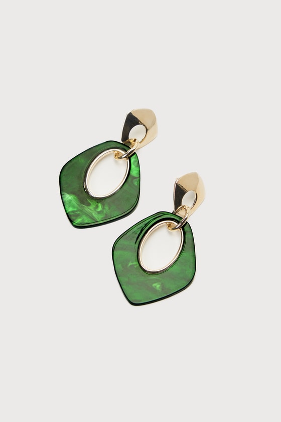 Lulus Perfect Effect Gold And Green Geometric Statement Earrings In Gold And Green