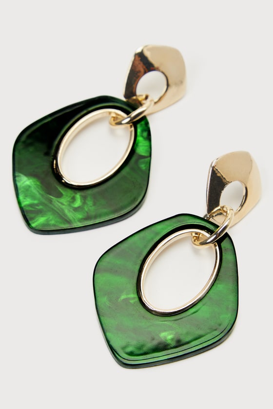 Lulus Perfect Effect Gold And Green Geometric Statement Earrings In Gold And Green