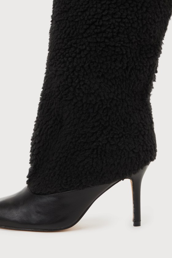 Shop Lulus Yetty Black Faux Fur Pointed-toe Knee-high Boots