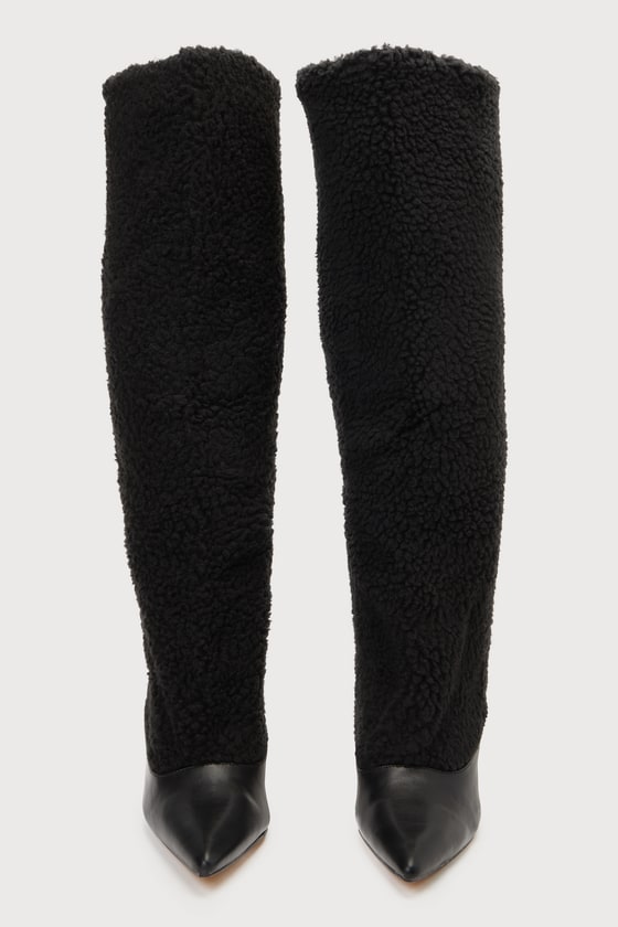 Shop Lulus Yetty Black Faux Fur Pointed-toe Knee-high Boots