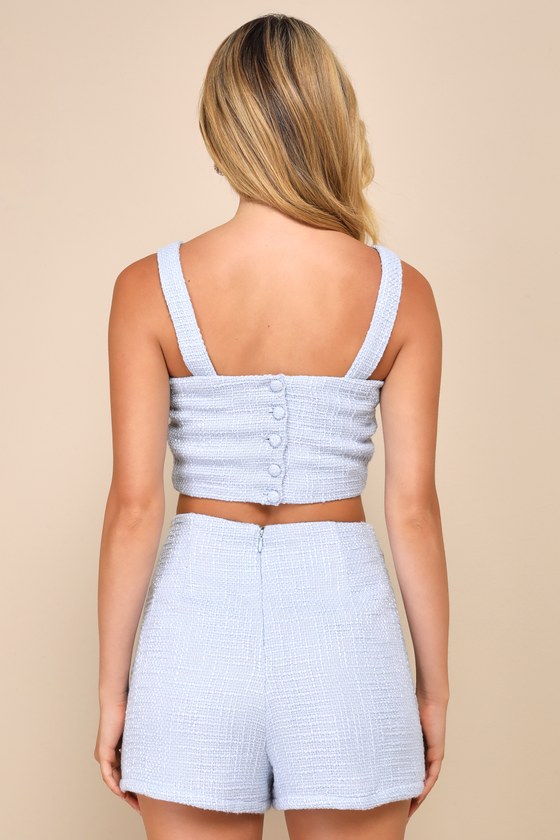 Lulus Elevated Attitude Blue Tweed Sleeveless Two-piece Skort Romper In Blue