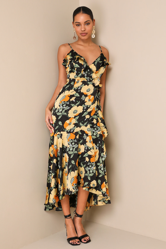 Perfectly Curated Black Floral Print Ruffled High-Low Wrap Dress 1