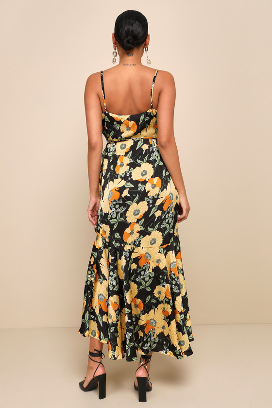 Perfectly Curated Black Floral Print Ruffled High-Low Wrap Dress 6