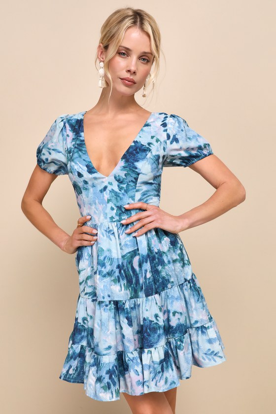 Light Blue Floral Dress - Tiered Mini Dress - Puff Sleeve Dress - Lulus